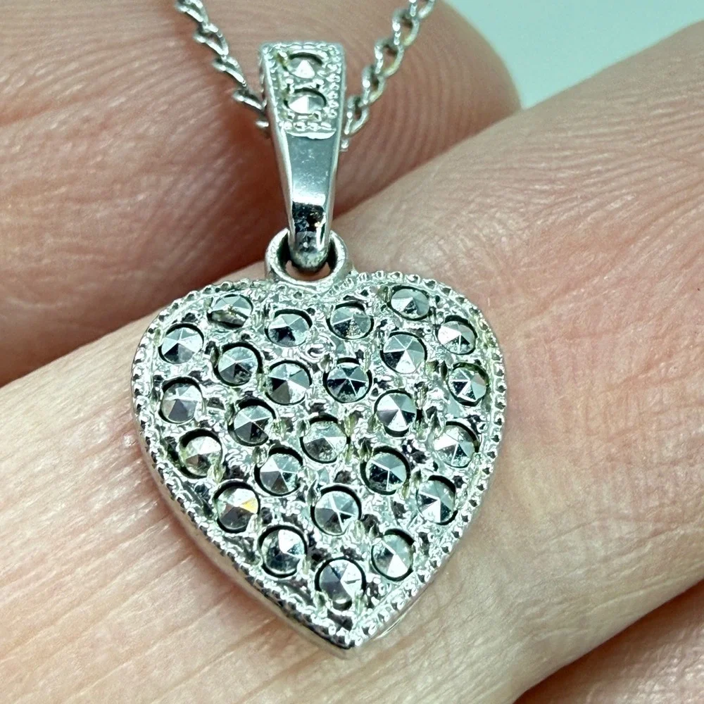 Sterling‎ Silver Marcasite Heart Necklace Pavé Pendant Minimalist Feminine